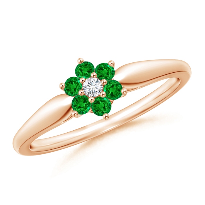 2mm AAAA Classic Six Petal Emerald and Diamond Flower Ring in Rose Gold