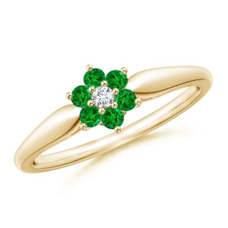 2mm AAAA Classic Six Petal Emerald and Diamond Flower Ring in Yellow Gold