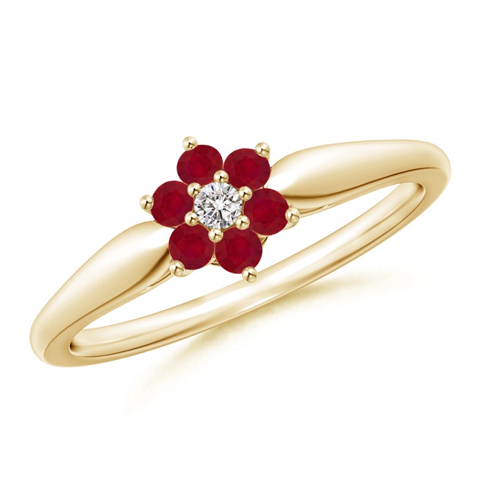 2mm AA Classic Six Petal Ruby and Diamond Flower Ring in Yellow Gold 