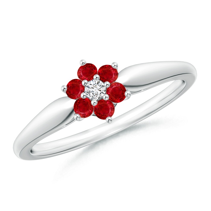 2mm AAA Classic Six Petal Ruby and Diamond Flower Ring in White Gold