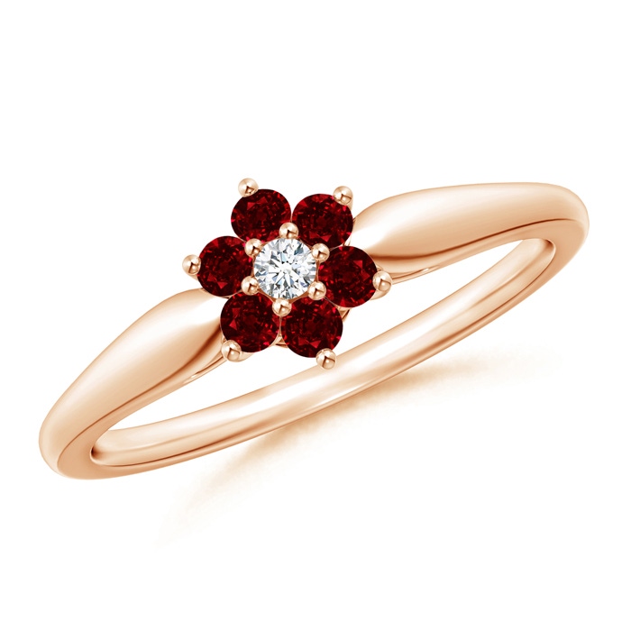 2mm AAAA Classic Six Petal Ruby and Diamond Flower Ring in Rose Gold 
