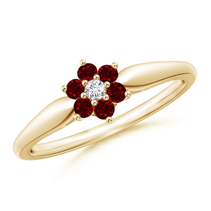 2mm AAAA Classic Six Petal Ruby and Diamond Flower Ring in Yellow Gold 