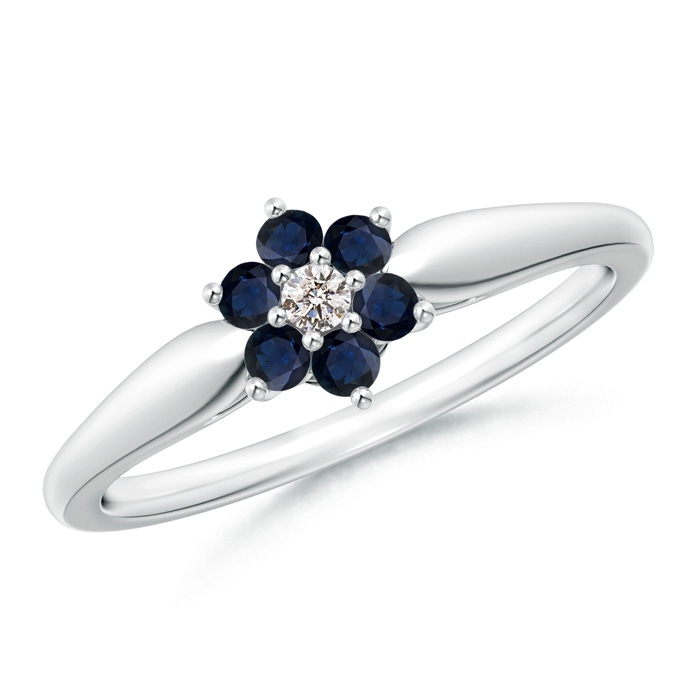 2mm A Classic Six Petal Sapphire and Diamond Flower Ring in White Gold 