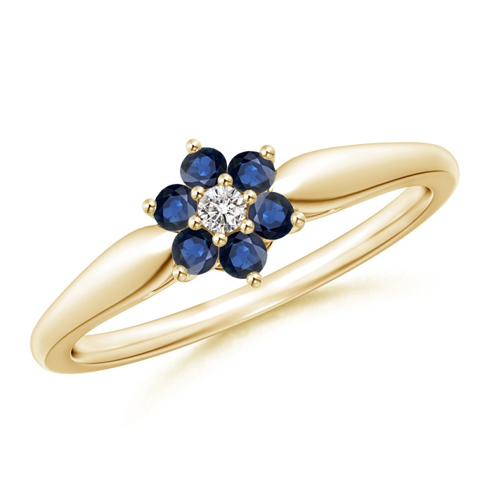 2mm AA Classic Six Petal Sapphire and Diamond Flower Ring in Yellow Gold 