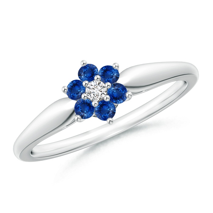 2mm AAA Classic Six Petal Sapphire and Diamond Flower Ring in White Gold 