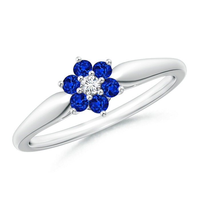 2mm AAAA Classic Six Petal Sapphire and Diamond Flower Ring in White Gold