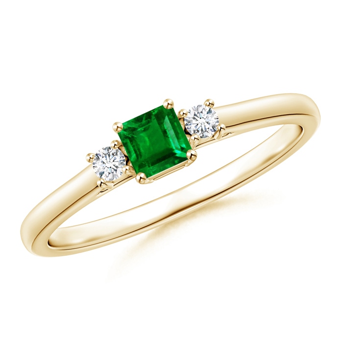 3.5mm AAAA Classic Square Emerald and Diamond Three Stone Ring in Yellow Gold 