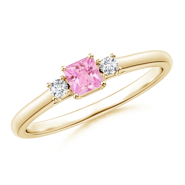 3.5mm A Classic Square Pink Sapphire and Diamond Three Stone Ring in 10K Yellow Gold 