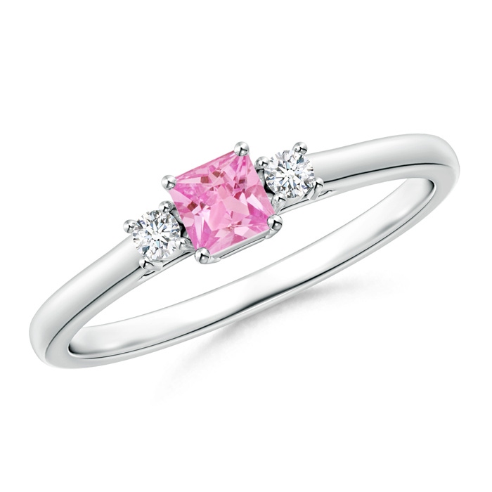 3.5mm AA Classic Square Pink Sapphire and Diamond Three Stone Ring in P950 Platinum 