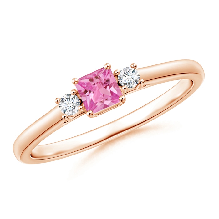 3.5mm AAA Classic Square Pink Sapphire and Diamond Three Stone Ring in Rose Gold 