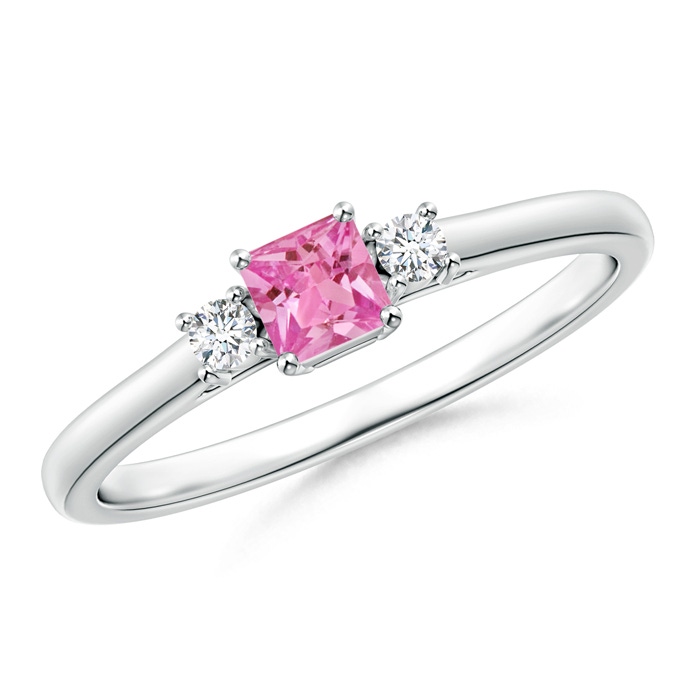 3.5mm AAA Classic Square Pink Sapphire and Diamond Three Stone Ring in White Gold 