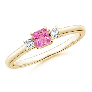 3.5mm AAA Classic Square Pink Sapphire and Diamond Three Stone Ring in Yellow Gold