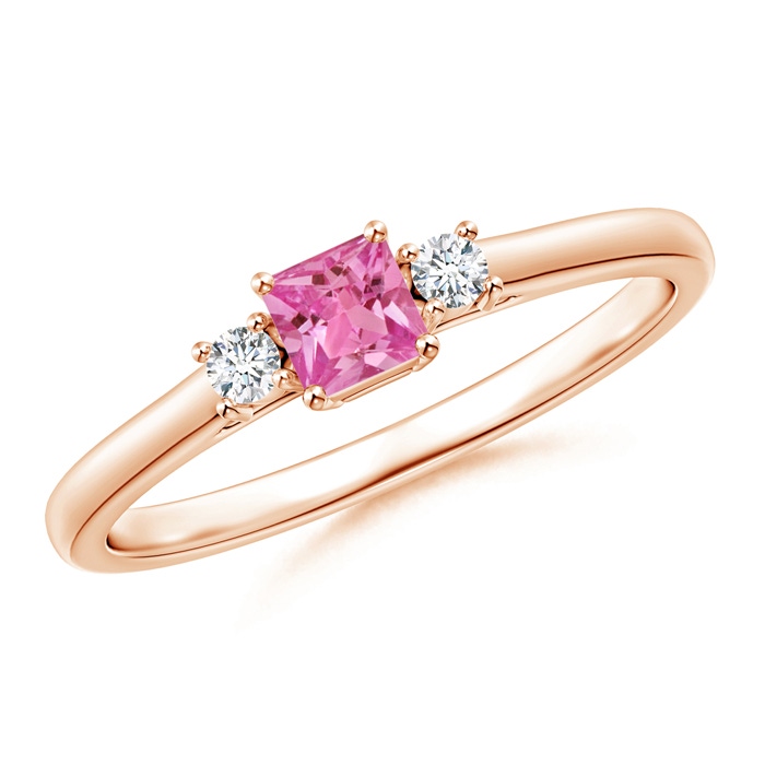 3.5mm AAAA Classic Square Pink Sapphire and Diamond Three Stone Ring in Rose Gold