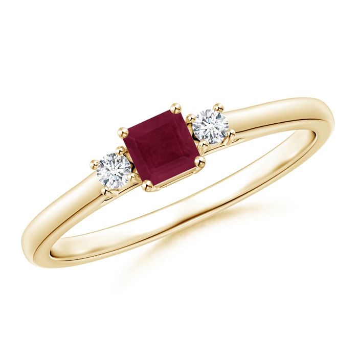 3.5mm A Classic Square Ruby and Diamond Three Stone Ring in 18K Yellow Gold 