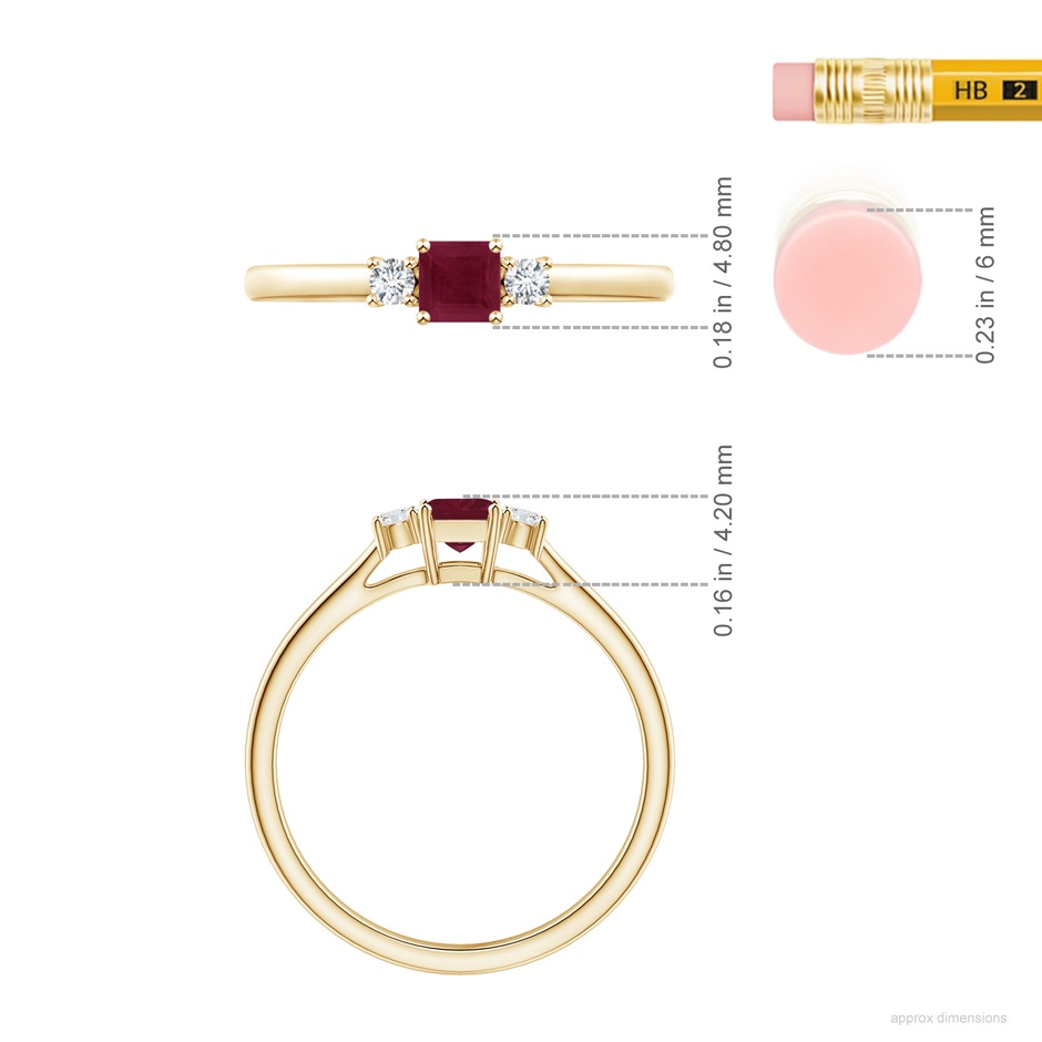 3.5mm A Classic Square Ruby and Diamond Three Stone Ring in 18K Yellow Gold ruler