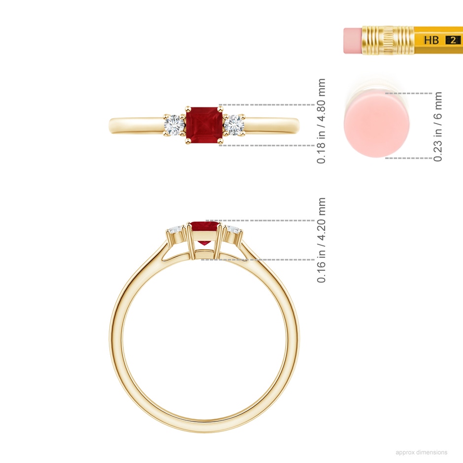 3.5mm AA Classic Square Ruby and Diamond Three Stone Ring in 9K Yellow Gold ruler