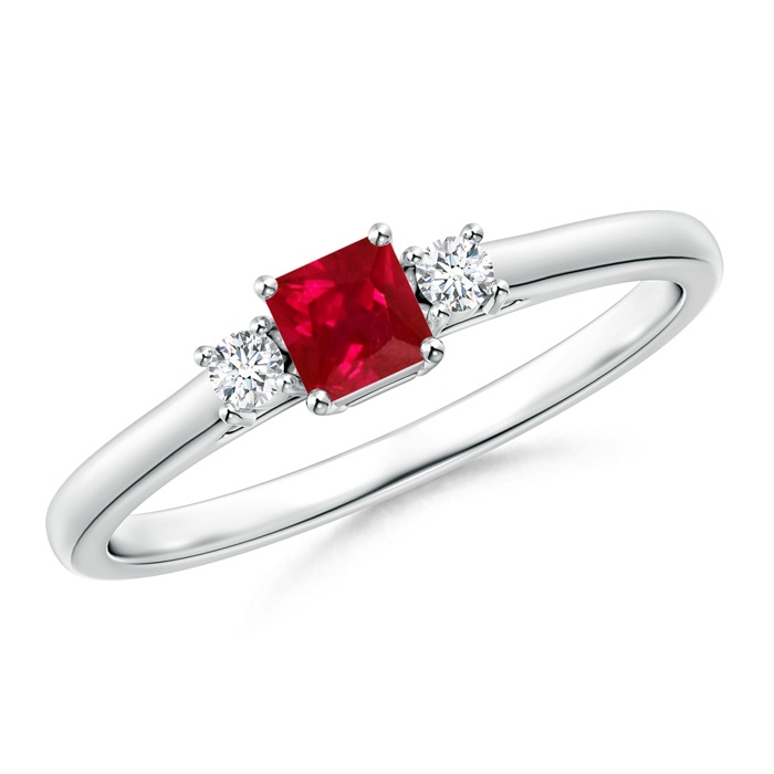 3.5mm AAA Classic Square Ruby and Diamond Three Stone Ring in White Gold 