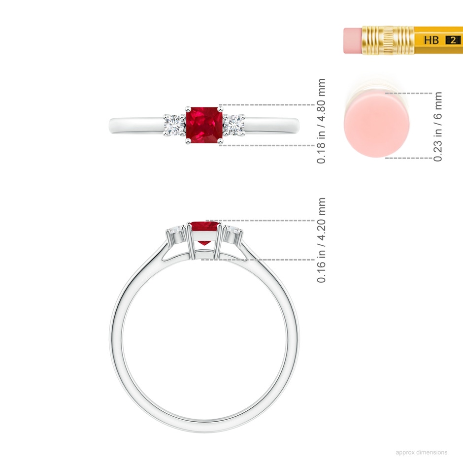 3.5mm AAA Classic Square Ruby and Diamond Three Stone Ring in White Gold ruler