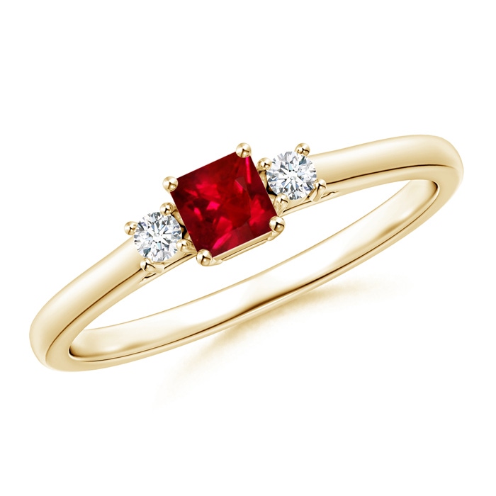 3.5mm AAAA Classic Square Ruby and Diamond Three Stone Ring in 18K Yellow Gold 