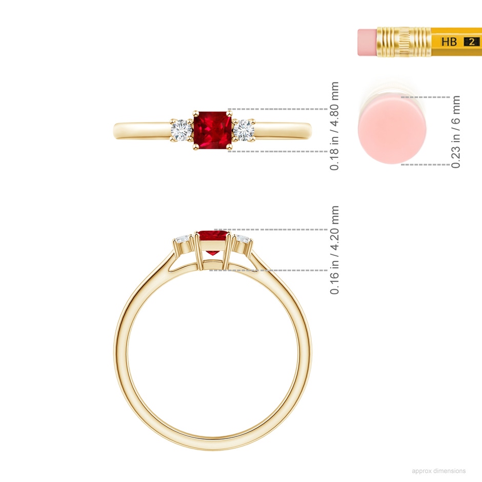 3.5mm AAAA Classic Square Ruby and Diamond Three Stone Ring in 18K Yellow Gold ruler