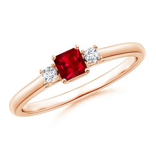 3.5mm AAAA Classic Square Ruby and Diamond Three Stone Ring in Rose Gold