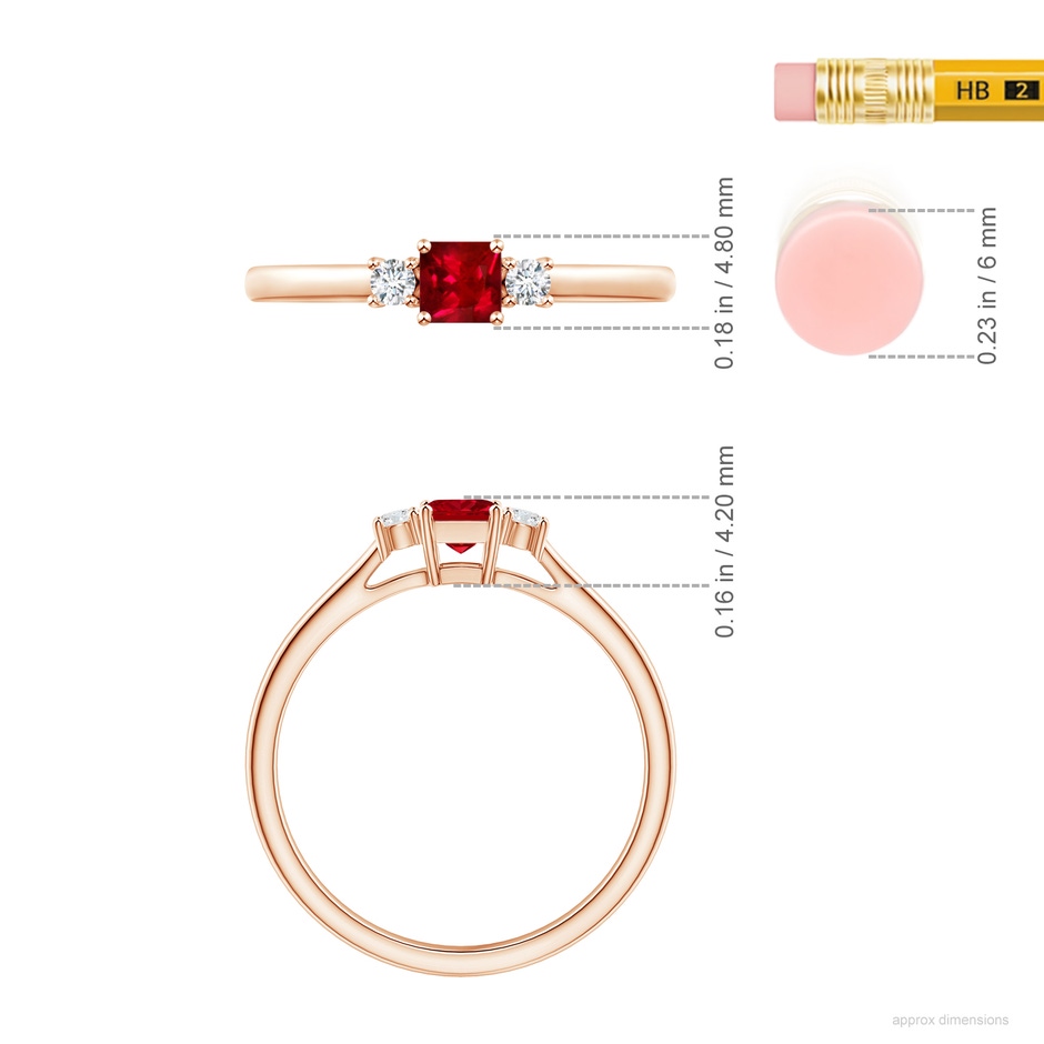3.5mm AAAA Classic Square Ruby and Diamond Three Stone Ring in Rose Gold ruler