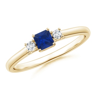 3.5mm AAA Classic Square Blue Sapphire and Diamond Three Stone Ring in Yellow Gold