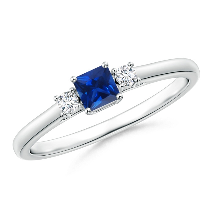 3.5mm AAAA Classic Square Blue Sapphire and Diamond Three Stone Ring in White Gold 