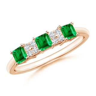 3mm AAA Diamond Clustre and Three Stone Square Emerald Ring in Rose Gold