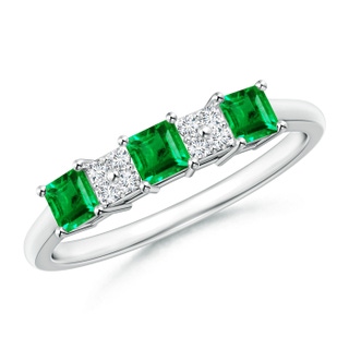 3mm AAA Diamond Clustre and Three Stone Square Emerald Ring in White Gold