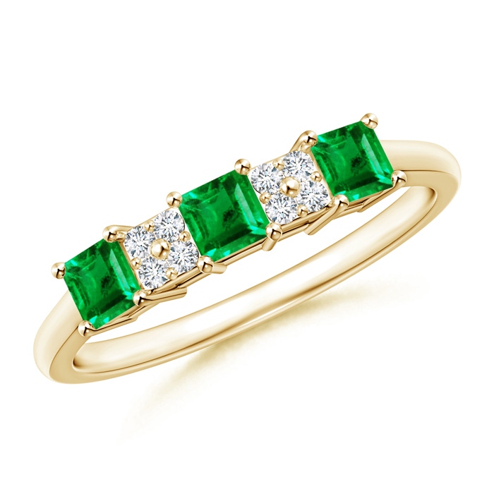 3mm AAA Diamond Clustre and Three Stone Square Emerald Ring in Yellow Gold 