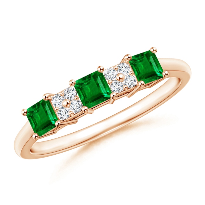 3mm AAAA Diamond Clustre and Three Stone Square Emerald Ring in Rose Gold