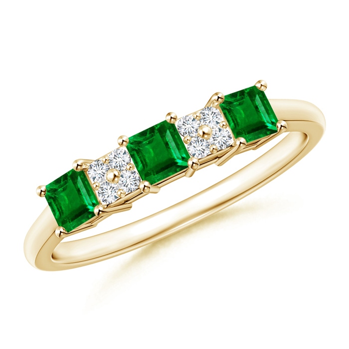 3mm Lab-Grown Diamond Clustre and Three Stone Square Emerald Ring in Yellow Gold 