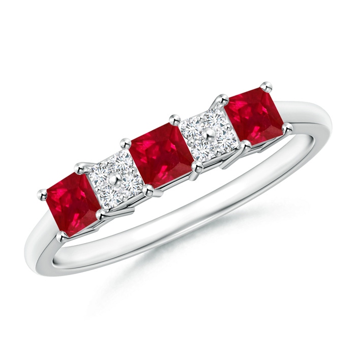 3mm AAA Diamond Clustre and Three Stone Square Ruby Ring in White Gold