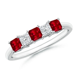 3mm AAAA Diamond Clustre and Three Stone Square Ruby Ring in White Gold