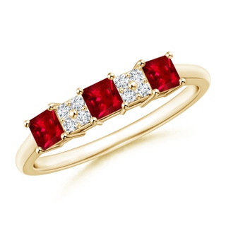 3mm AAAA Diamond Clustre and Three Stone Square Ruby Ring in Yellow Gold