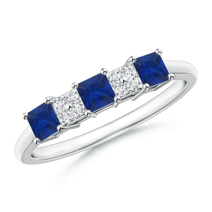3mm AAA Diamond Cluster and 3 Stone Square Blue Sapphire Ring in White Gold