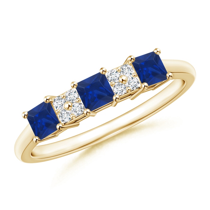 3mm AAA Diamond Cluster and 3 Stone Square Blue Sapphire Ring in Yellow Gold 