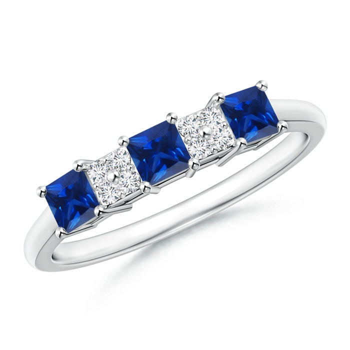 3mm AAAA Diamond Clustre and 3 Stone Square Blue Sapphire Ring in White Gold 