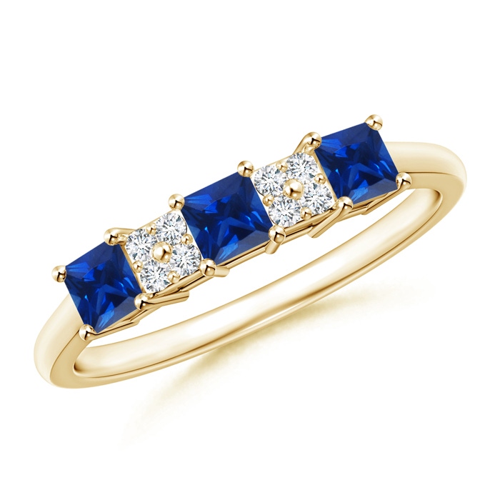 3mm AAAA Diamond Clustre and 3 Stone Square Blue Sapphire Ring in Yellow Gold