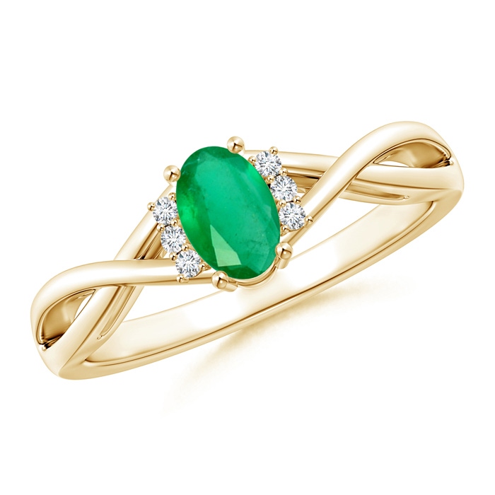 6x4mm A Oval Emerald Crossover Ring with Diamond Accents in Yellow Gold 