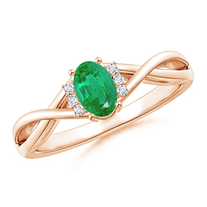 6x4mm AA Oval Emerald Crossover Ring with Diamond Accents in Rose Gold 