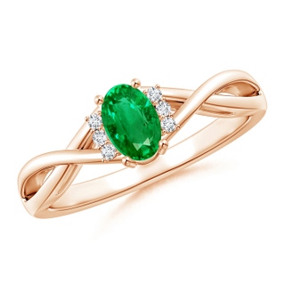 6x4mm AAA Oval Emerald Crossover Ring with Diamond Accents in 9K Rose Gold