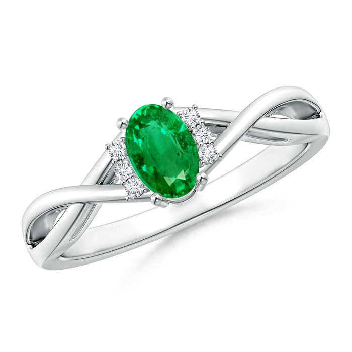 6x4mm AAA Oval Emerald Crossover Ring with Diamond Accents in P950 Platinum 