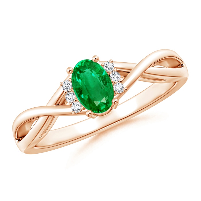 6x4mm AAA Oval Emerald Crossover Ring with Diamond Accents in Rose Gold