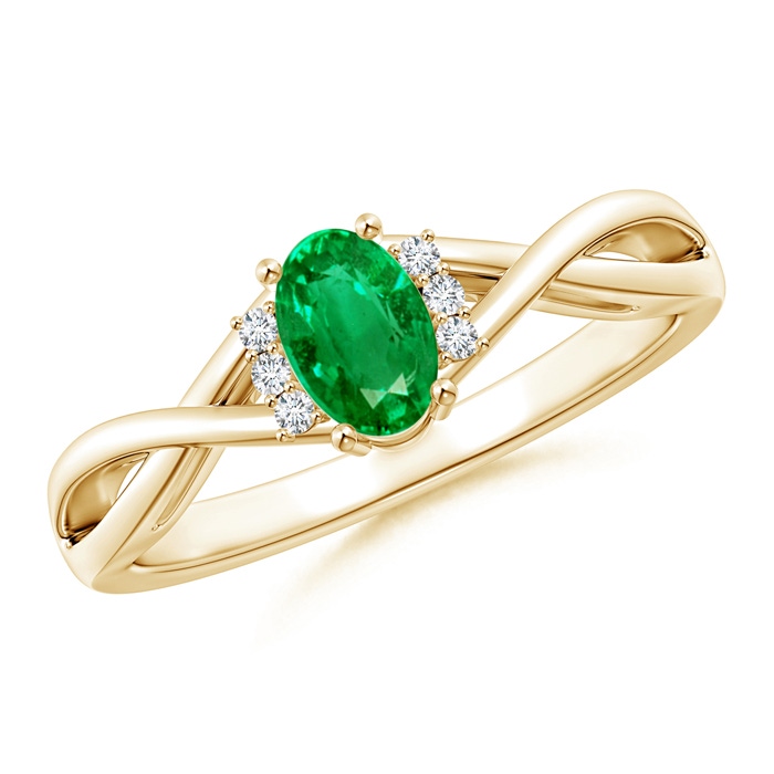 6x4mm AAA Oval Emerald Crossover Ring with Diamond Accents in Yellow Gold