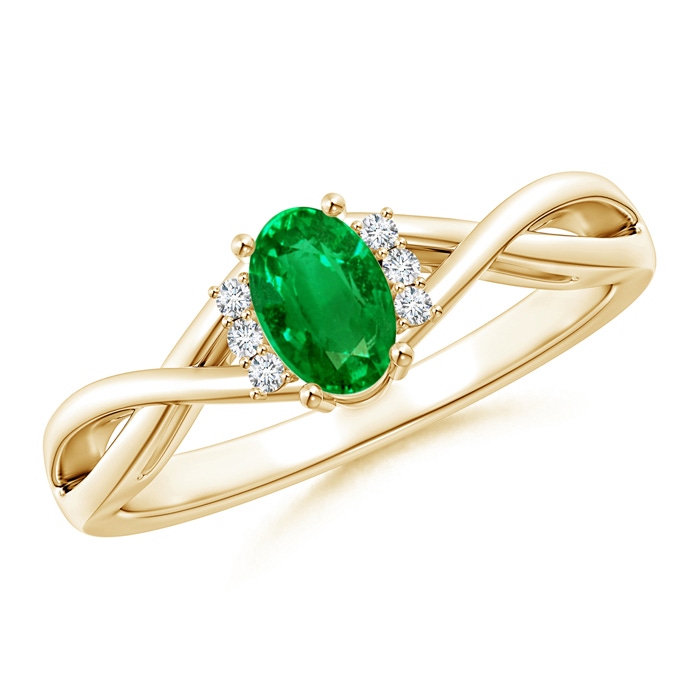6x4mm AAAA Oval Emerald Crossover Ring with Diamond Accents in 10K Yellow Gold