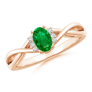 6x4mm AAAA Oval Emerald Crossover Ring with Diamond Accents in 9K Rose Gold