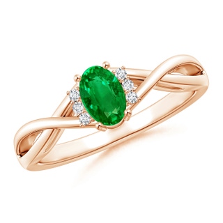 6x4mm AAAA Oval Emerald Crossover Ring with Diamond Accents in Rose Gold