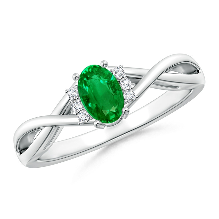 6x4mm AAAA Oval Emerald Crossover Ring with Diamond Accents in White Gold
